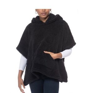 Jenni Hooded Sherpa Kangaroo Pocket Poncho Black OS